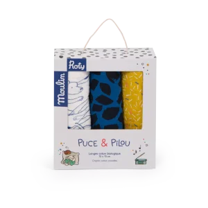 Set de 3 langes imprimés à broder – Puce et Pilou – MOULIN ROTY