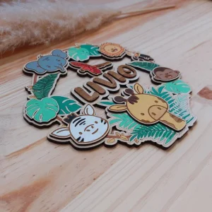 Plaque de Porte Enfant Colorée Bois – Animaux de la Jungle